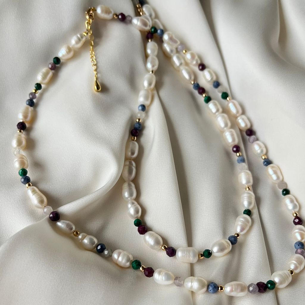 Colier Unic XL - perle de cultura și pietre semipretioase