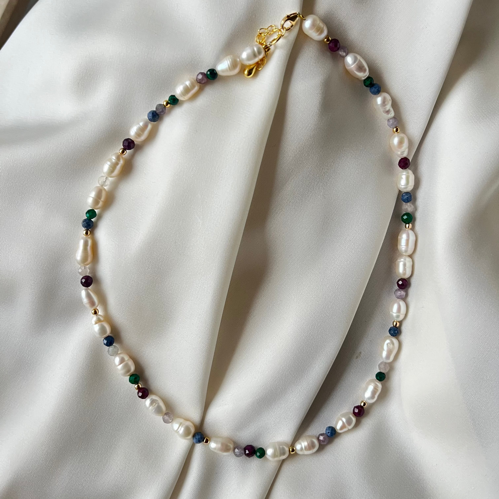 Colier Unic XL - perle de cultura și pietre semipretioase