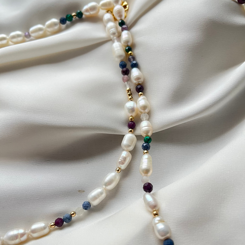 Colier Unic XL - perle de cultura și pietre semipretioase
